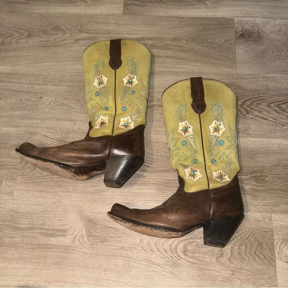 Sonora Green & Brown Leather Floral Embroidered Cowboy Boots - Picture 4 of 14
